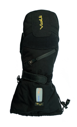 rechargeable battery powered heated electric mittens for skiing single image with battery showing power level settings