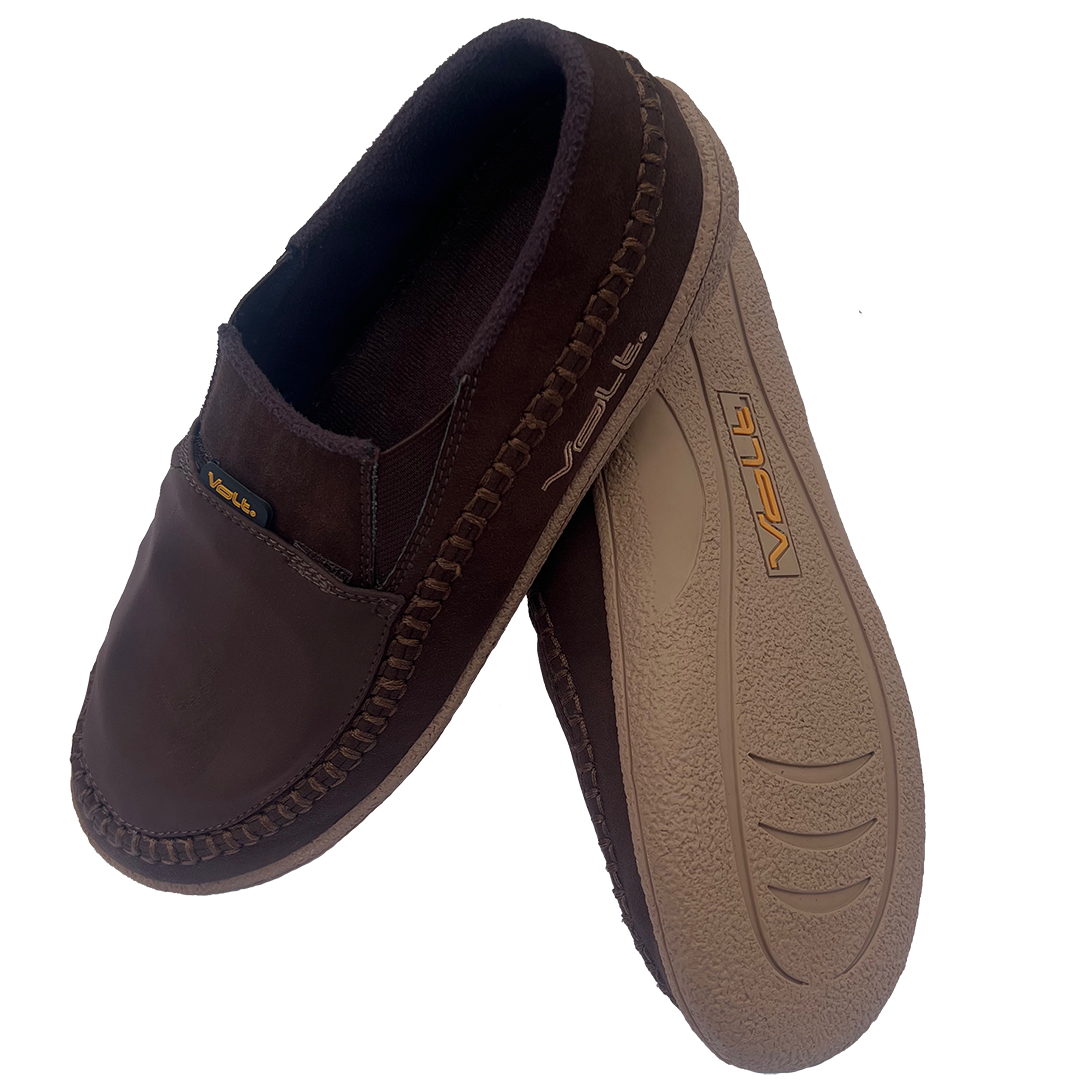 Volt Camp best Heated Slippers brown pair showing top and bottom
