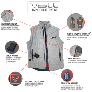 Volt Empire warmest rechargeable battery powered electric heated vest feature callouts