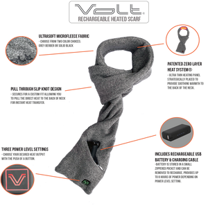 volt heated scarf includes a rechargeable battery for hours of soothing warmth