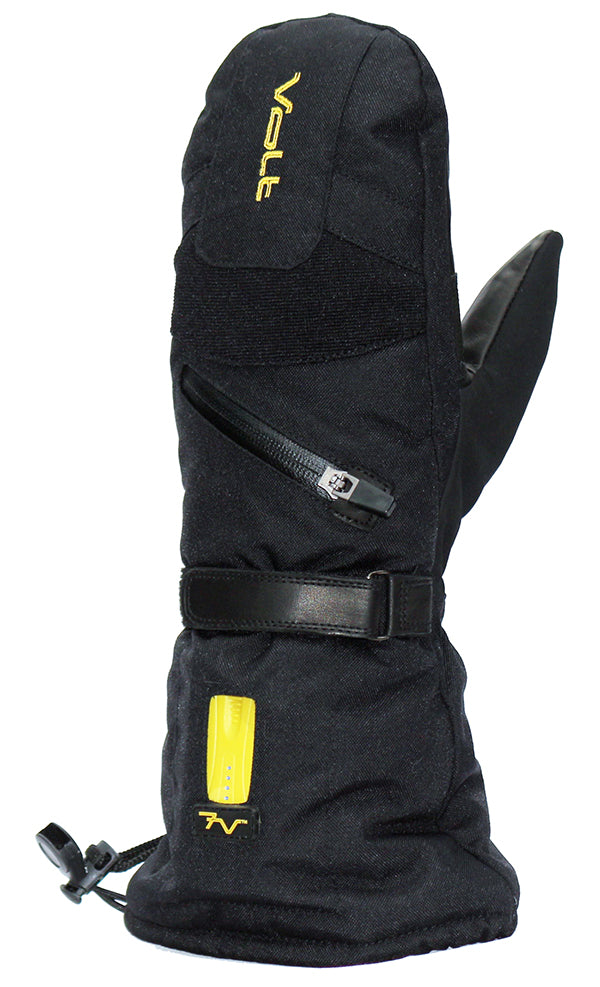 rechargeable battery powered heated electric mittens for skiing single image with battery showing power level settings