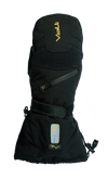 rechargeable battery powered heated electric mittens for skiing single image with battery showing power level settings