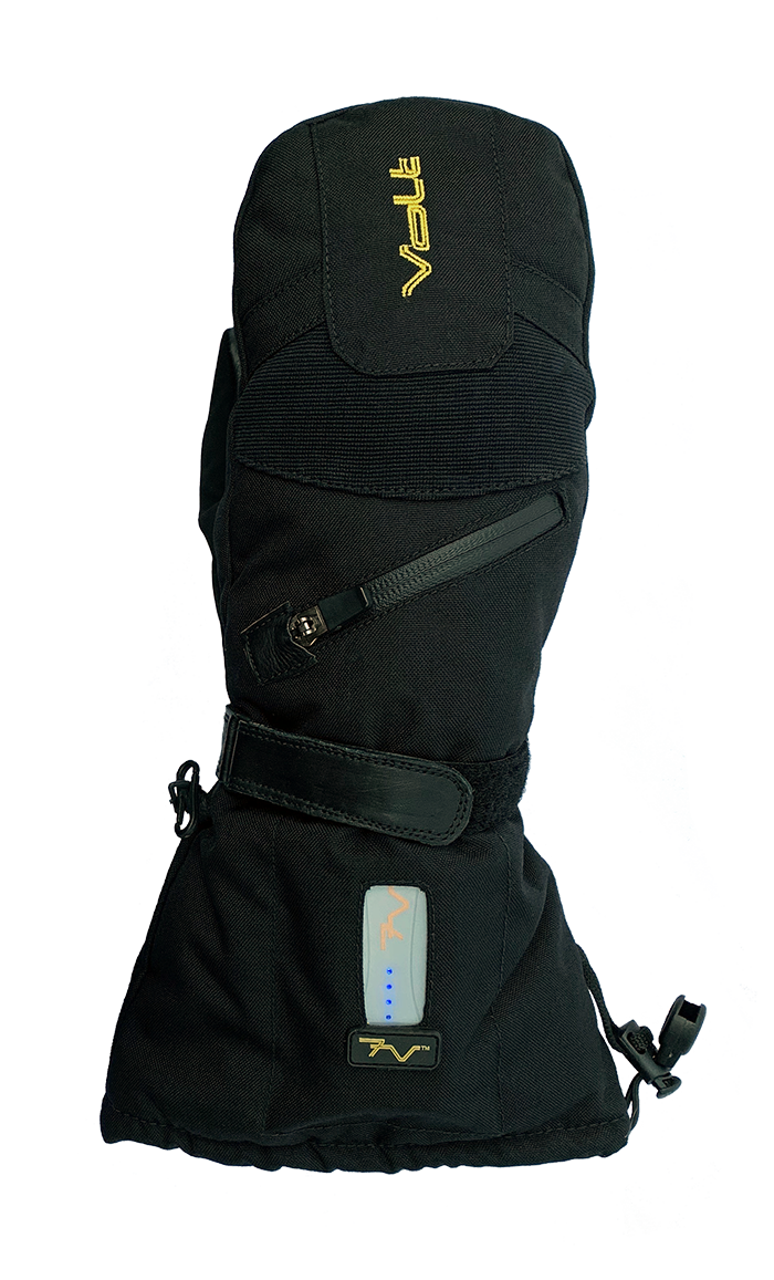 rechargeable battery powered heated electric mittens for skiing single image with battery showing power level settings