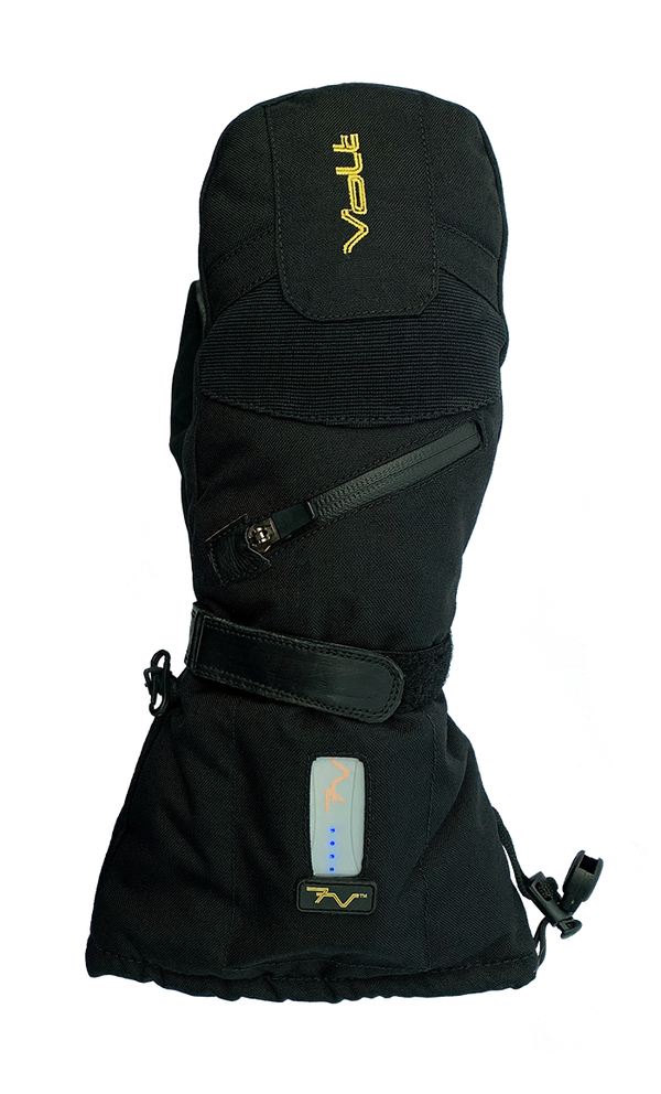 rechargeable battery powered heated electric mittens for skiing single image with battery showing power level settings