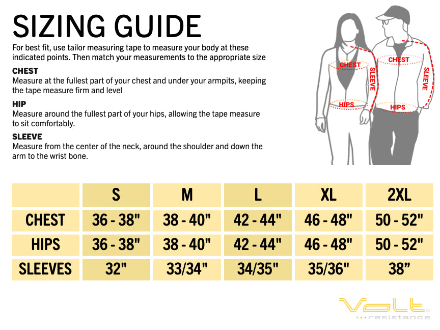 Sizing guide to make sure the Volt Heated garments fits perfect
