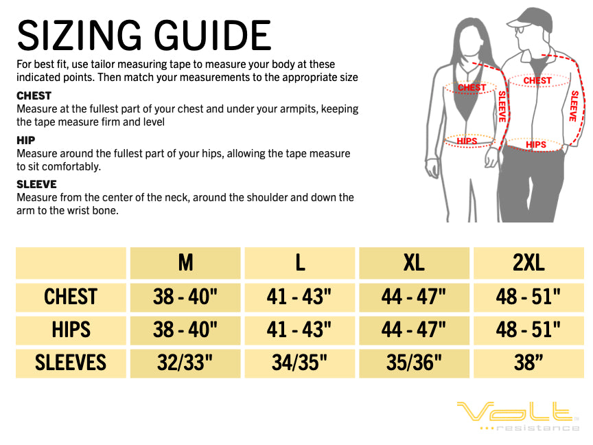 Sizing guide to make sure the Volt Heated garments fits perfect
