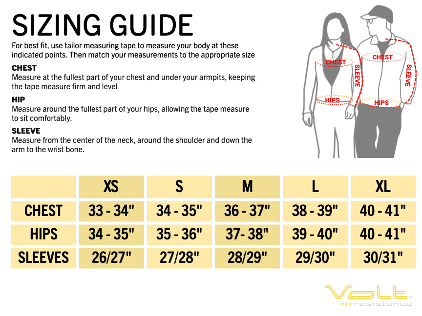 Sizing guide to make sure the Volt Heated garments fits perfect