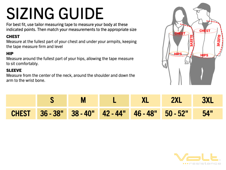 Sizing guide to make sure the Volt Heated garments fits perfect