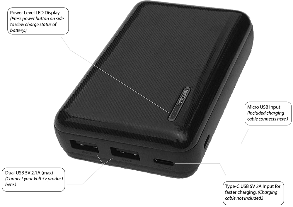 rechargeable USB 10000 mah battery showing input outputs