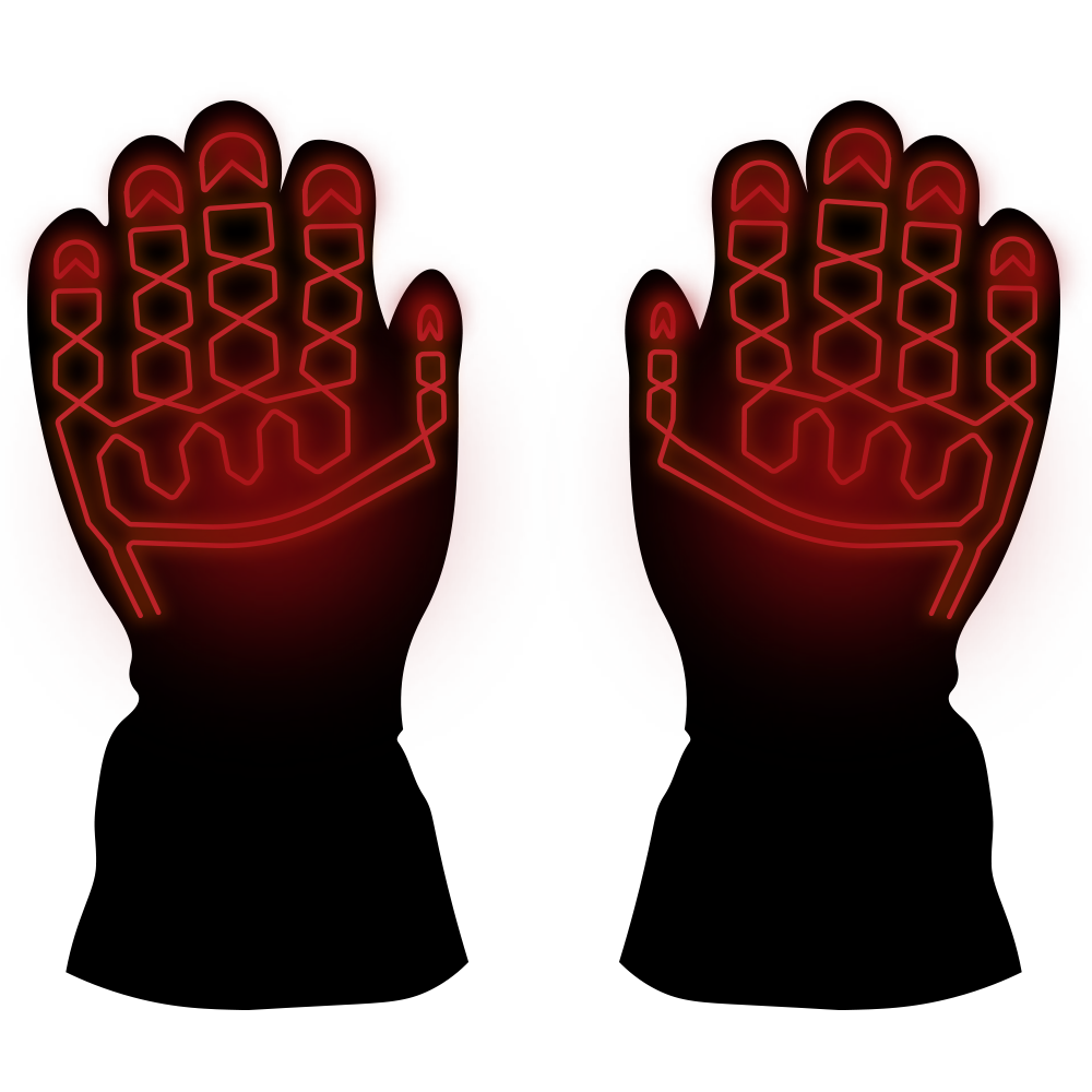 heats both sides of the hand, to the end of each finger including the thumb