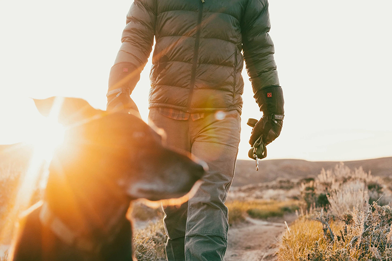 avalanche x rechargeable battery heated warming gloves from Volt Heated Clothing sunrise dog walk lifestyle