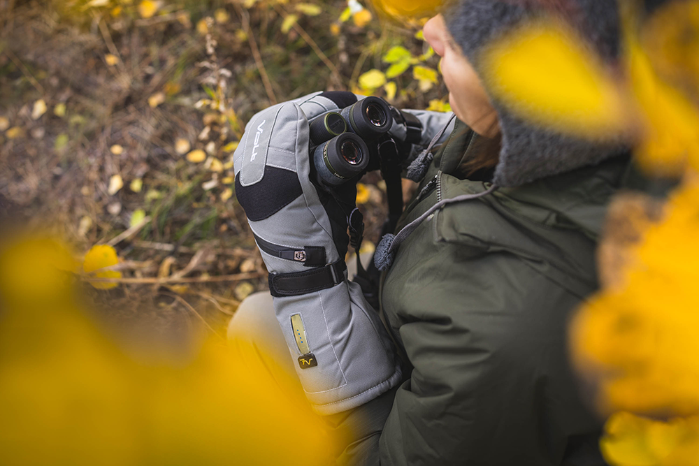 volt rechargeable battery heated warming mittens bird watching hiking lifestyle 