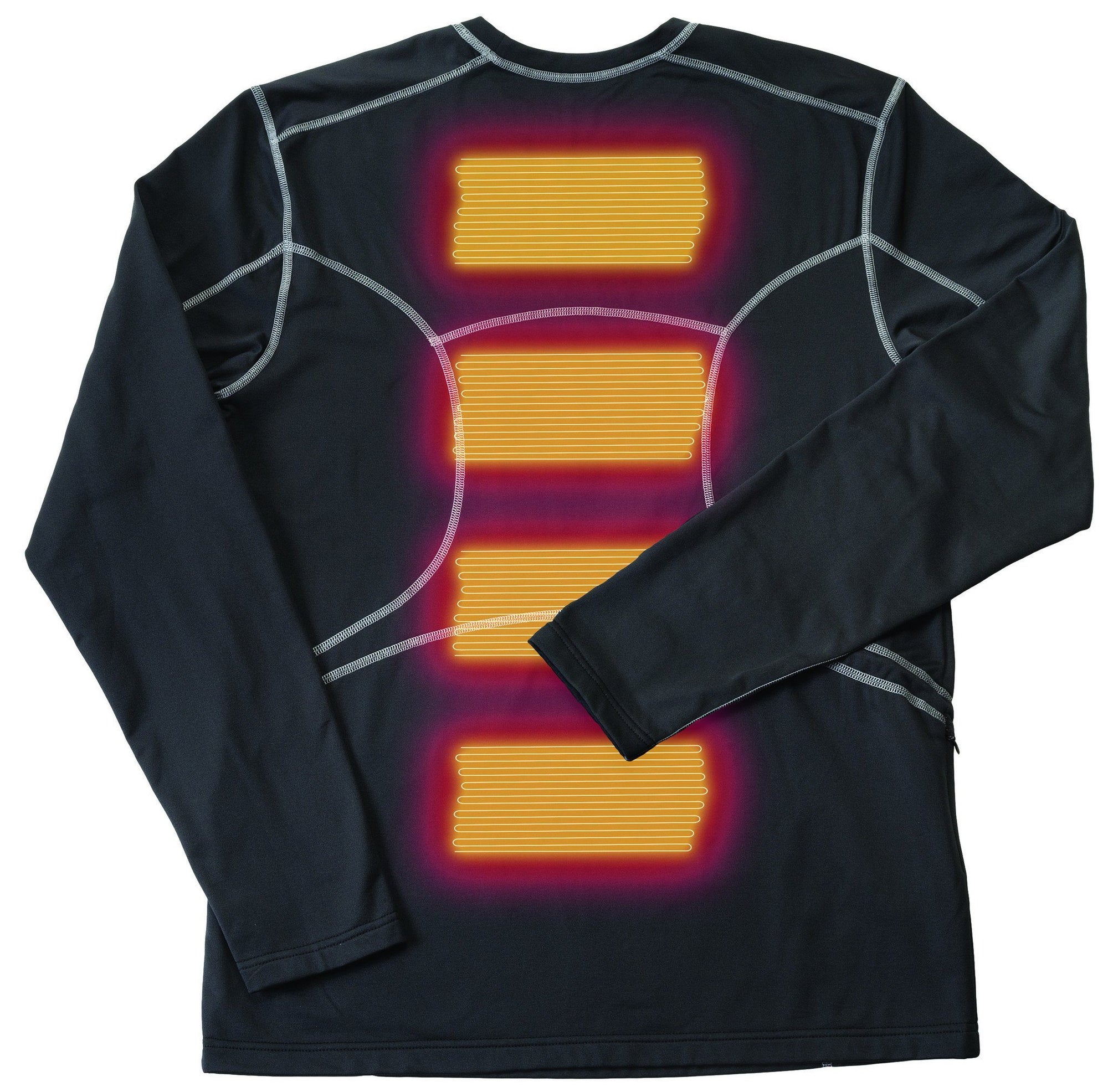 Heated Base Layer has 4 heat zones that heats down the center of the back